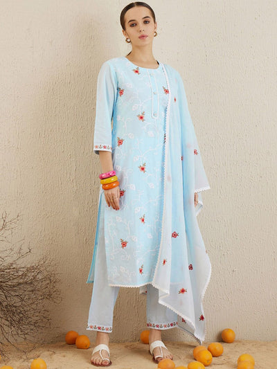 Indyancart IE Ethnic Motifs Embroidered Thread Work Pure Cotton Kurta with Trousers & Dupatta