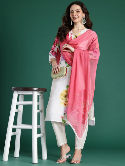 Indyancart IE Floral Printed Beads and Stones Linen Kurta with Trousers & With Dupatta
