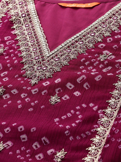 Dhiyona IE Bandhani Printed Zari Panelled Silk Chiffon Kurta with Trousers & With Dupatta