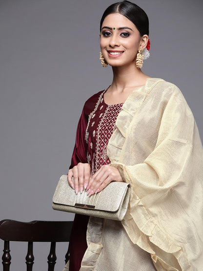Dhiyona IE Women Maroon Ethnic Motifs Yoke Design Kurta with Trousers & With Dupatta