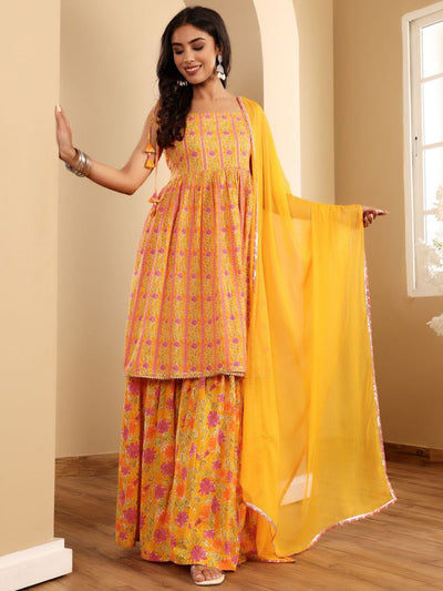 Indyancart VA Women'sFloral Printed Square Neck Sleeveless Gotta Patti Kurta With Sharara & Dupatta