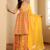 Dhiyona VA Women'sFloral Printed Square Neck Sleeveless Gotta Patti Kurta With Sharara & Dupatta