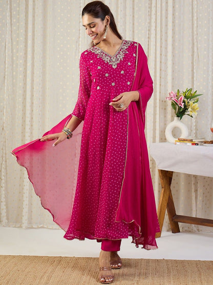 Ethnic Motifs Printed Panelled Thread Work Kurta With Trousers & Dupatta
