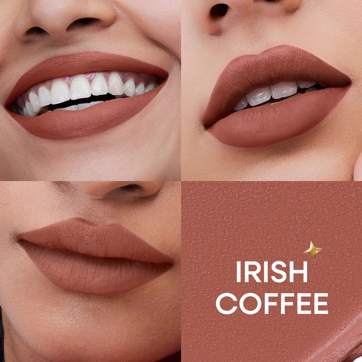 Nykaa Cosmetics matte lipstick in Irish Coffee shade, long-lasting no transfer formula, showing the lipstick tube and swatch.