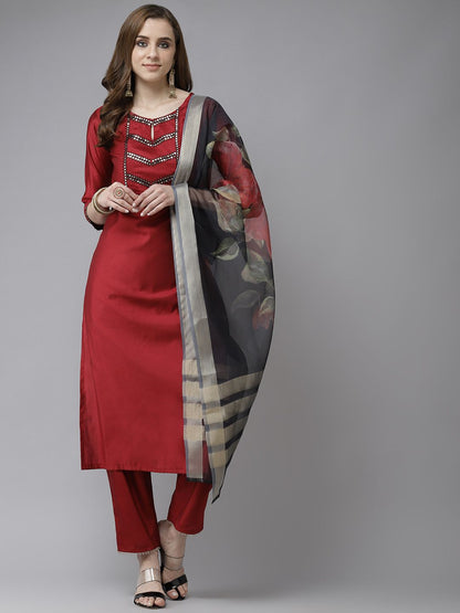Indyancart IE Women Red & Black Kurta with Trousers & With Dupatta