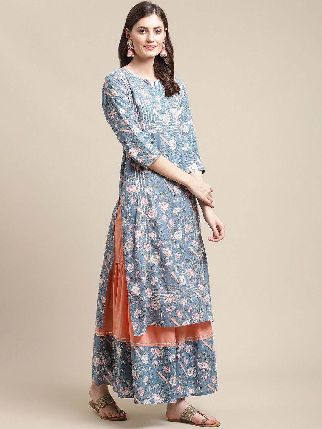 Indyancart VA Women's Blue Floral Printed Gotta Patti Kurta with Sharara & With Dupatta