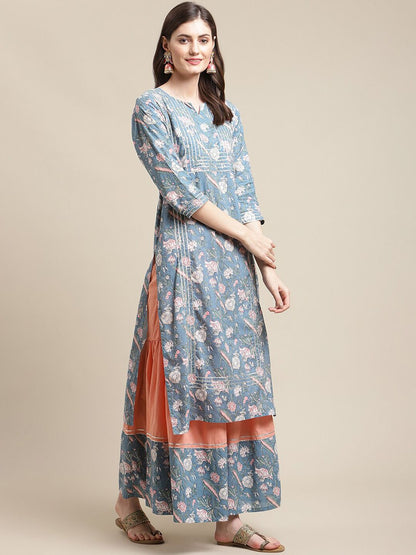 Indyancart VA Women's Blue Floral Printed Gotta Patti Kurta with Sharara & With Dupatta