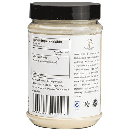 Bixa Botanical Safed Musli powder in a clear container, showing fine white Ayurvedic powder for health and wellness use.