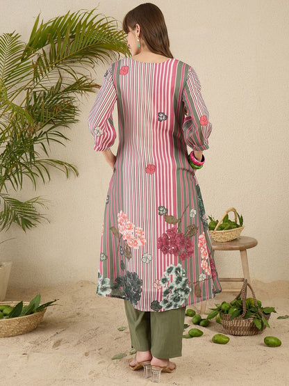 Indyancart IE Floral Printed Pure Cotton Kurta With Trousers