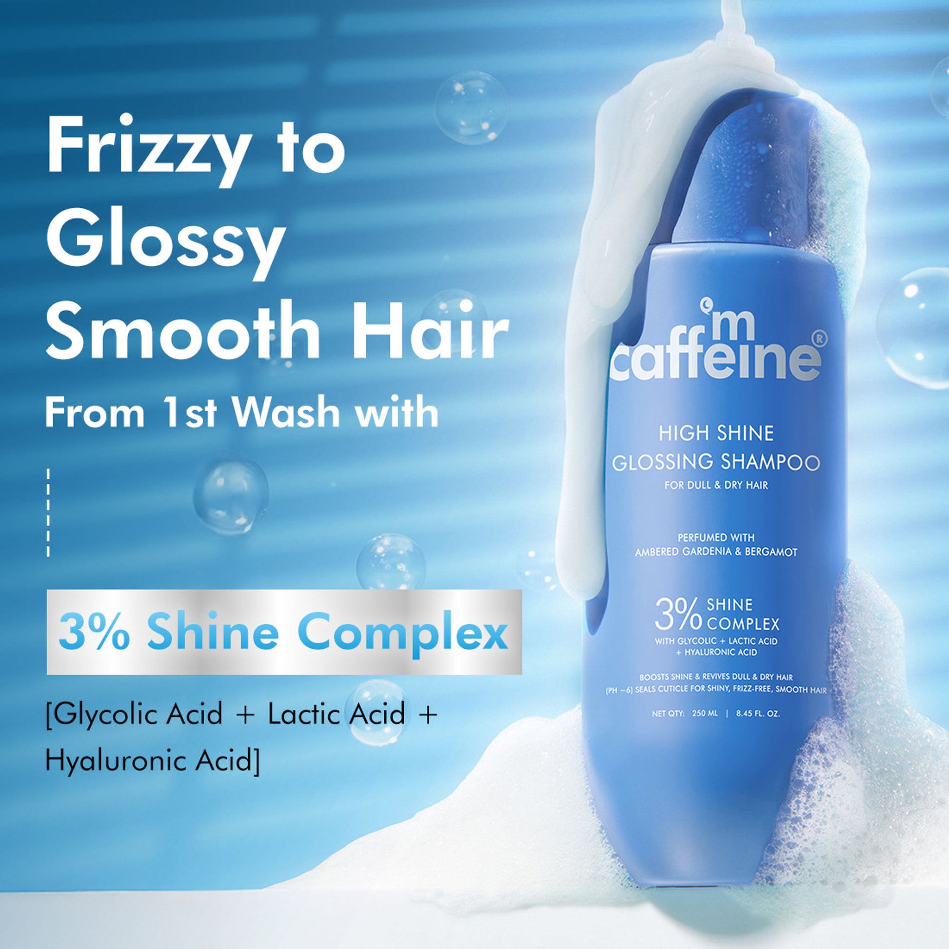 MCaffeine Glossy Hair Shampoo, 3% Shine Complex, Shinier Hair in 1 Use, 48Hr Frizz Control
