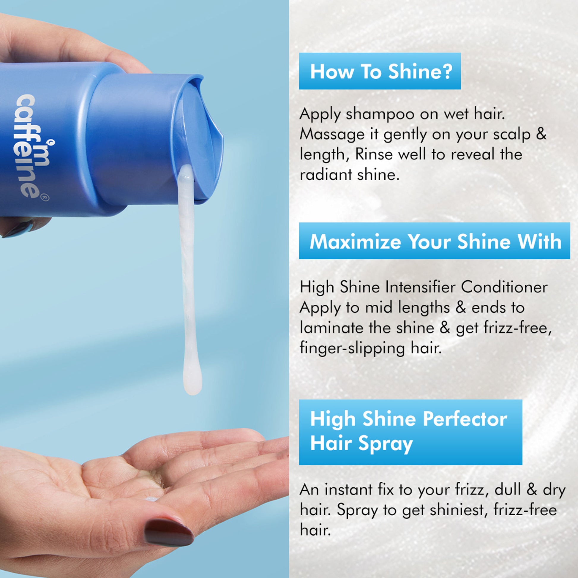MCaffeine Glossy Hair Shampoo, 3% Shine Complex, Shinier Hair in 1 Use, 48Hr Frizz Control