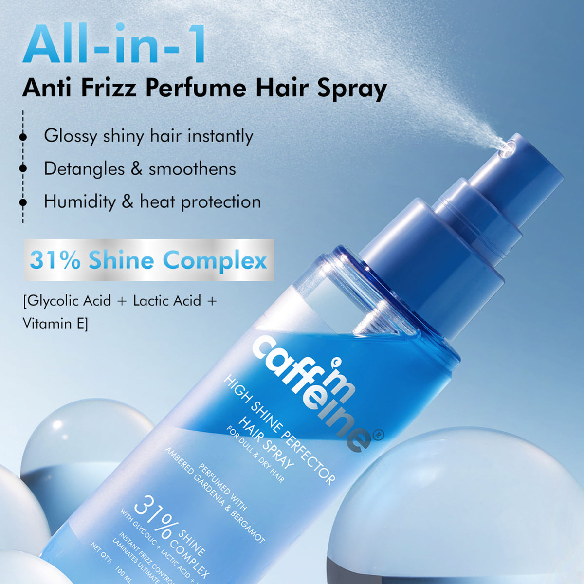 mCaffeine Anti-Frizz Perfume Hair Spray For Instant Shine, Glossy Smooth & Luxury Floral Fragrance
