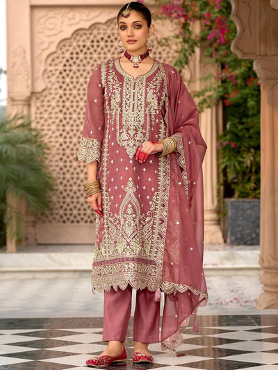 Indyancart IE Floral Embroidered Notch Neck Zari Organza Kurta With Trousers And Dupatta