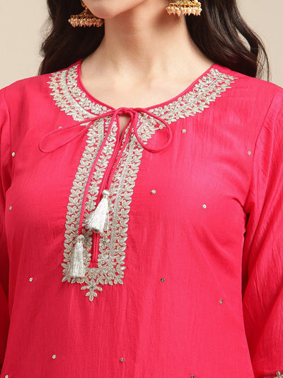 Indyancart VA Women's Pink Ethnic Motifs Straight Kurta with Trousers & Dupatta
