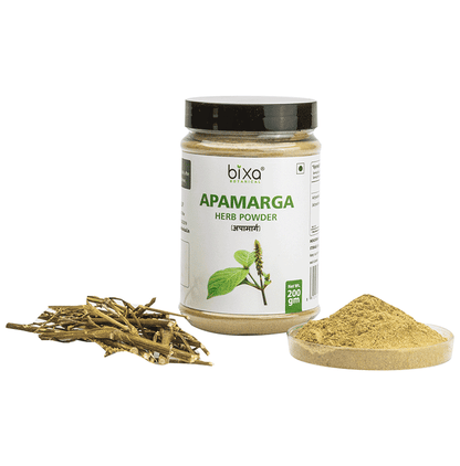 Bixa Botanical Apamarga Powder in a clear container, traditional Ayurvedic herbal powder for natural healing and wellness.