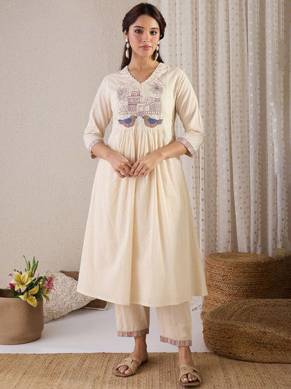 Dhiyona IE Embroidered V-Neck A-Line Top With Trousers Co-Ords