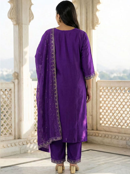 Indyancart Women's Ethnic Motifs Embroidered Regular Thread Work Kurta with Trousers & With Dupatta