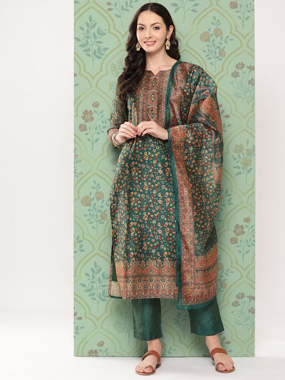 Indyancart VA Women's Ethnic Motifs Printed Regular Chanderi Cotton Kurta with Trousers & Dupatta