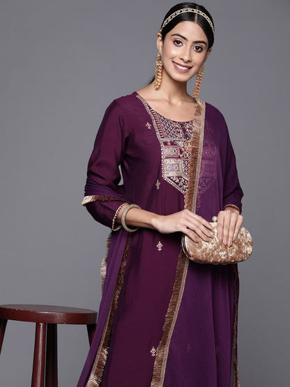 Indyancart VA Women's Aubergine & Gold Ethnic Embroidered Straight Kurta with Trousers Dupatta