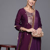 Indyancart VA Women's Aubergine & Gold Ethnic Embroidered Straight Kurta with Trousers Dupatta