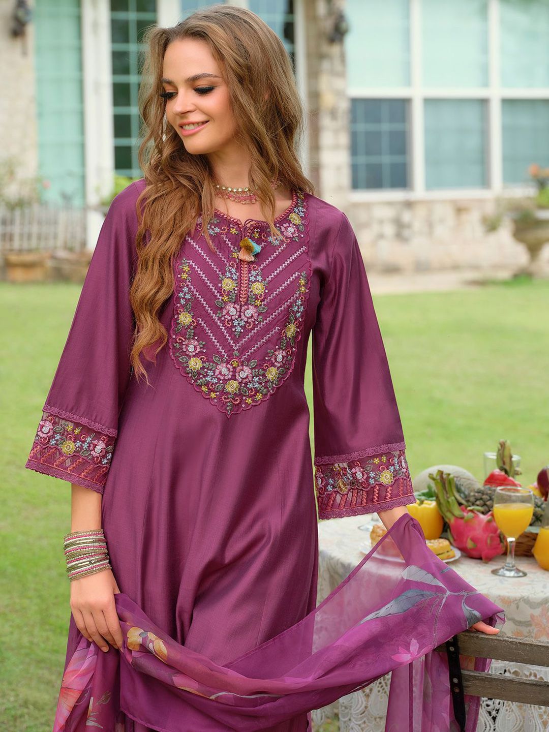 Floral Embroidered Thread Work Tieup Neck A-Line Kurta With Trousers & Dupatta