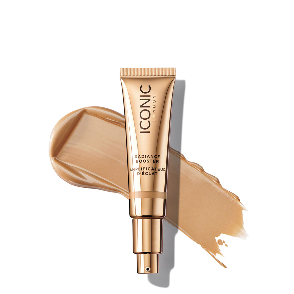 ICONIC London Radiance Booster in Honey Glow with a sleek bottle and dropper, highlighting its luminous, glowing skincare formula.