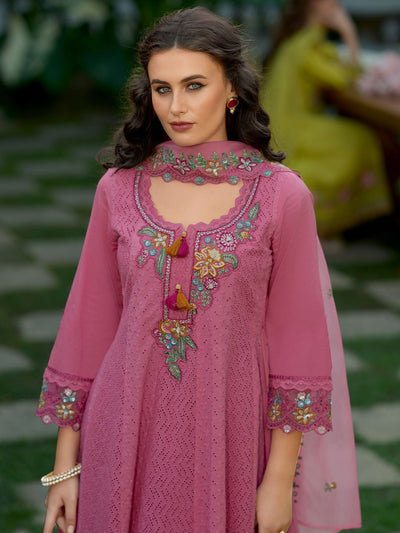 Indyancart IE Floral Embroidered Pure Cotton Anarkali Kurta With Trousers And Dupatta