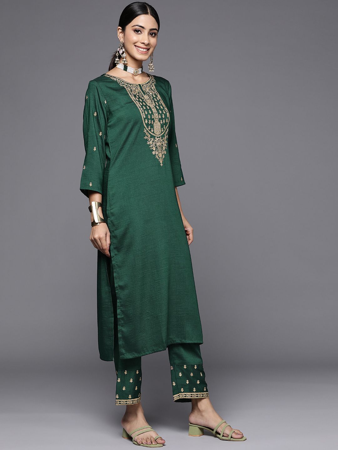 Dhiyona VA Women's Green Ethnic Motifs Embroidered Kurta with Trousers & Dupatta