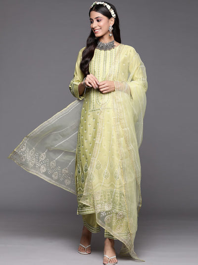 Indyancart IE Women Green Floral Printed Liva Kurta with Palazzos & With Dupatta