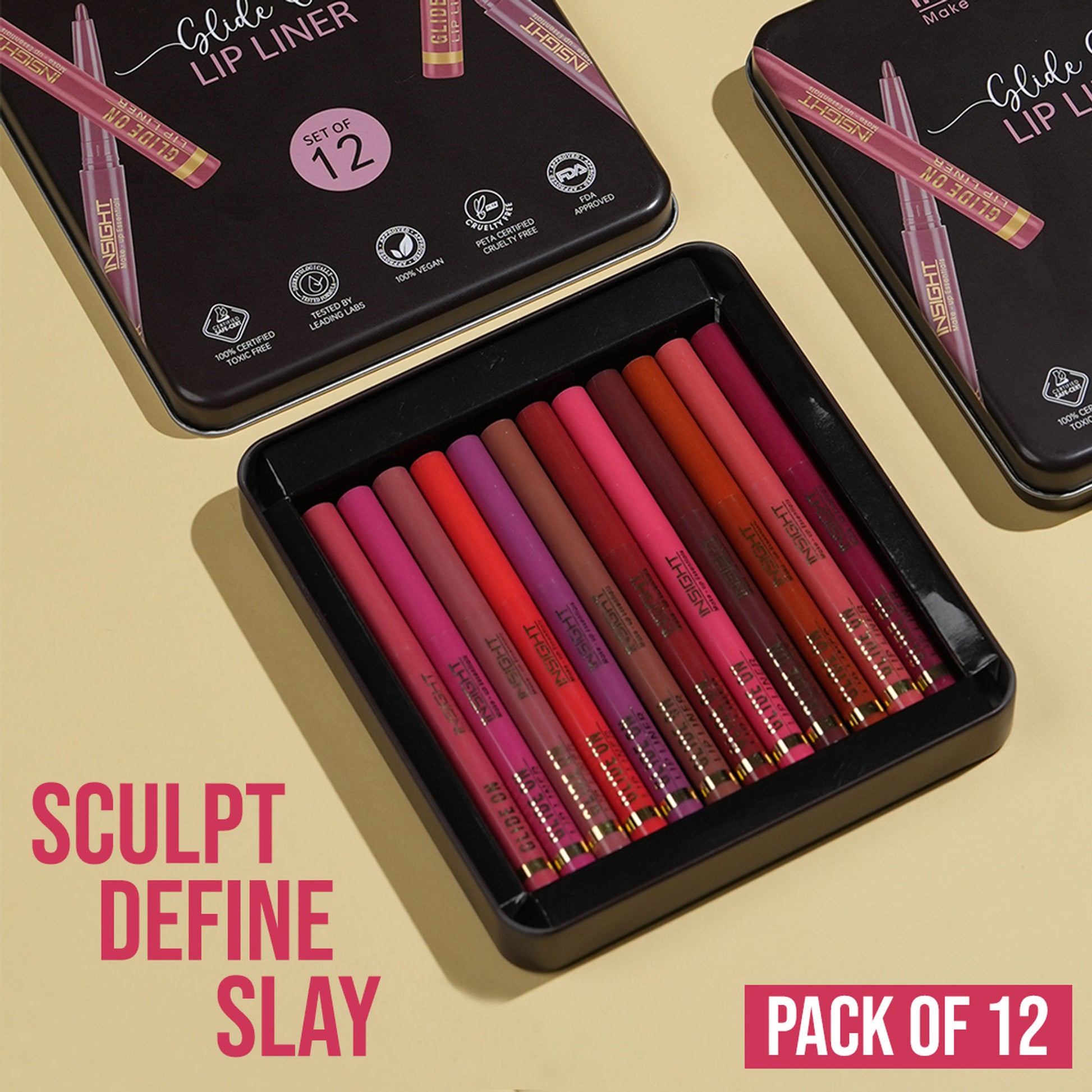 Insight Cosmetics Glide On Lip Liner, Intense Pigment, Long Wear Matte Lip Formula - Set Of 12