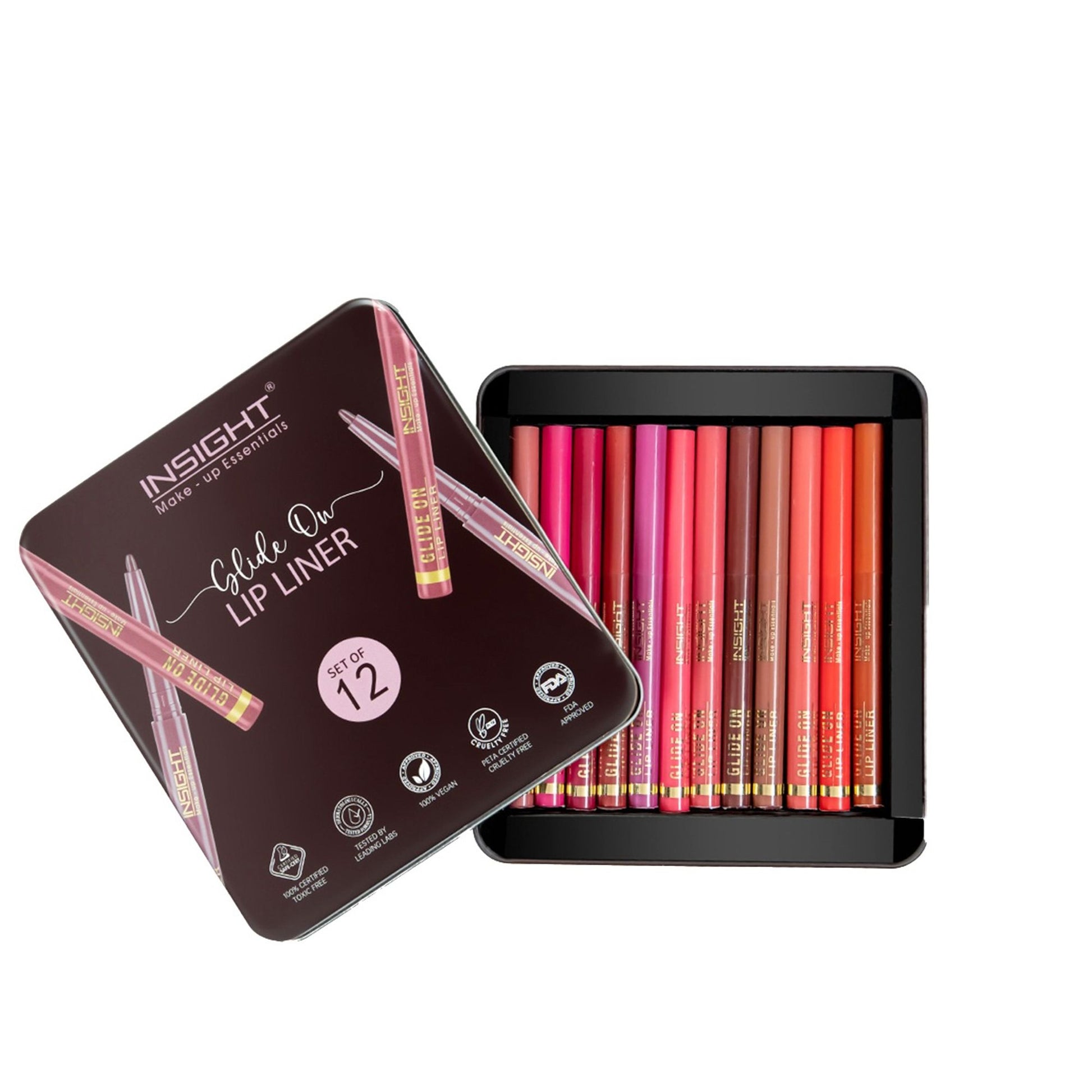Insight Cosmetics Glide On Lip Liner, Intense Pigment, Long Wear Matte Lip Formula - Set Of 12