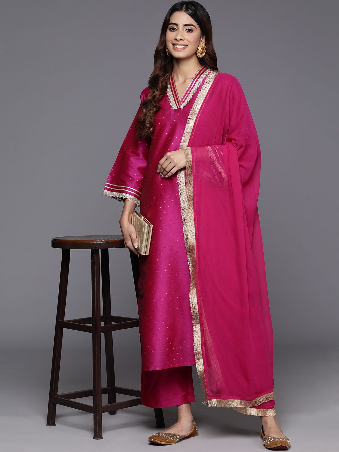 Indyancart VA Women'sFlared Sleeves Gotta Patti Kurta with Palazzos & Dupatta