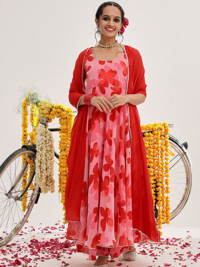 Indyancart VA Women's Floral Printed Gotta Patti Silk Georgette Kurta with Palazzos & With Dupatta