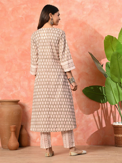 Indyancart SN Women's Grey Cotton printed kurta and pant set