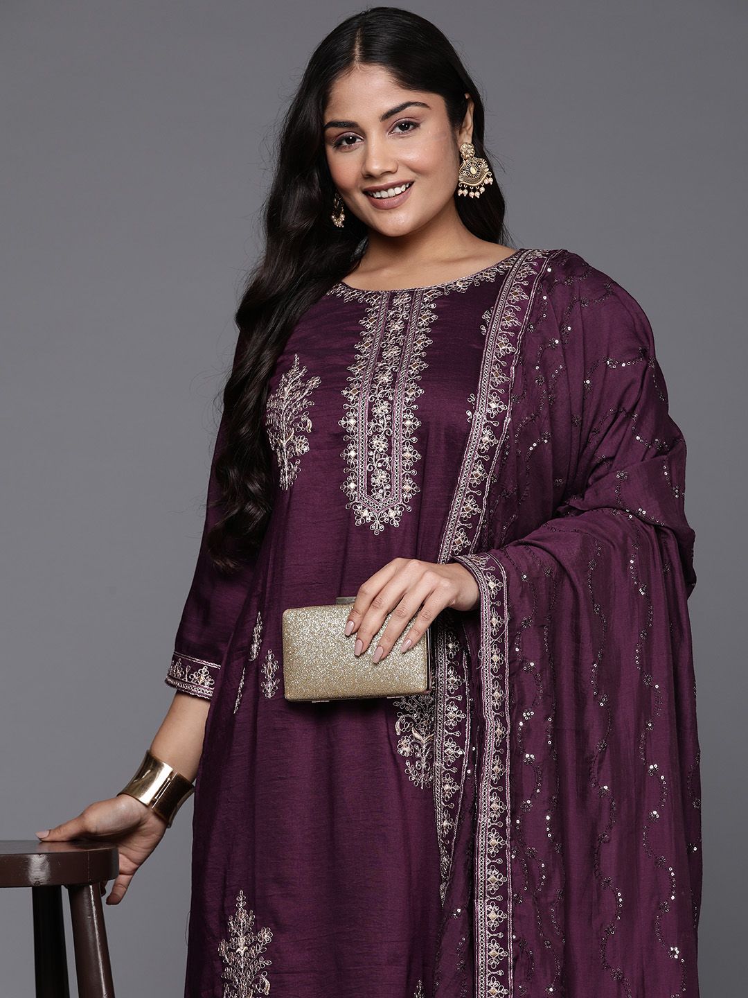 Indyancart IE Plus Size Ethnic Motifs Embroidered Sequinned Kurta with Trousers & Dupatta