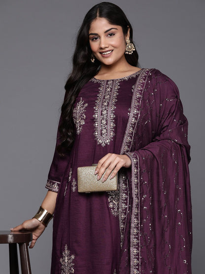 Indyancart IE Plus Size Ethnic Motifs Embroidered Sequinned Kurta with Trousers & Dupatta