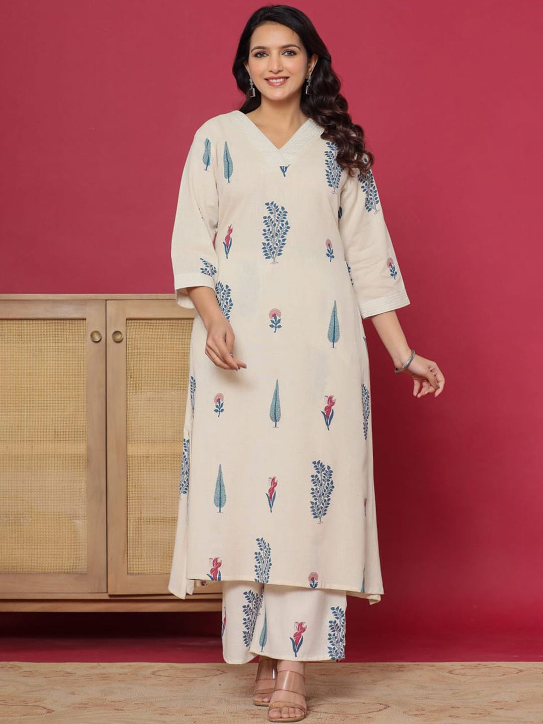 Dhiyona IE Paisley Printed Pure Cotton Notch Neck Straight Tunic And Palazzo