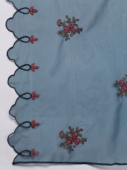 Indyancart VA Women'sTeal Floral Embroidered Kurta with Trouser & Dupatta