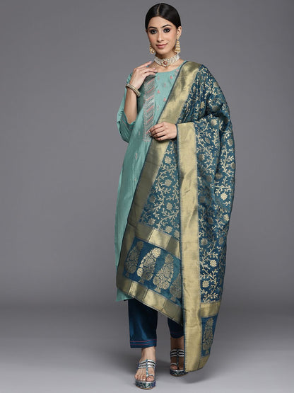 Indyancart VA Women's Blue Ethnic Motifs Embroidered Kurta with Trousers & Dupatta