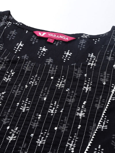 Indyancart VA Women's Black Ethnic Motifs Printed Pure Cotton Kurta with Trousers & Dupatta