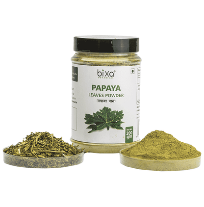 Bixa Botanical Ayurvedic Papaya Leaves Powder in a clear jar, showing vibrant green powder for natural health benefits.
