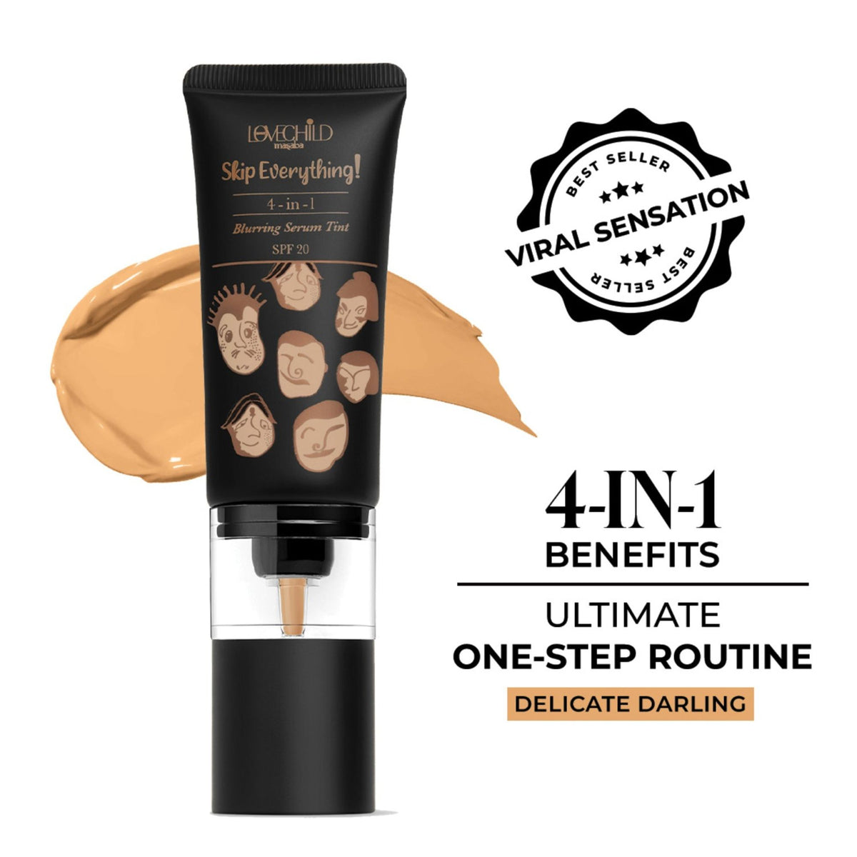 Lovechild Masaba Skip Everything Serum Skin Tint SPF 20 with in-built brush, enriched with Vitamin E for all skin types.