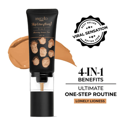 Lovechild Masaba Skin Tint SPF 20 with in-built brush, Vitamin E, suitable for all skin types, provides lightweight coverage and anti-aging benefits.