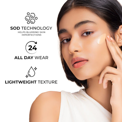 Lovechild Masaba Skip Everything Serum Skin Tint SPF 20 with in-built brush, enriched with Vitamin E for all skin types and anti-aging benefits.