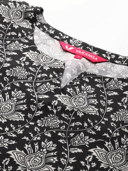 Indyancart VA Women's Black Floral Printed Kurta with Trousers & Dupatta
