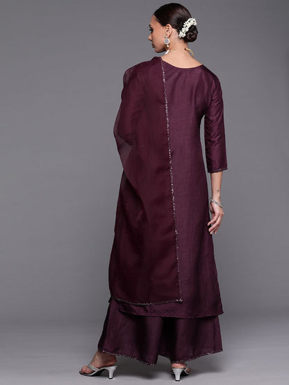 Indyancart IE Women Purple Sequinned Kurta with Palazzos & With Dupatta