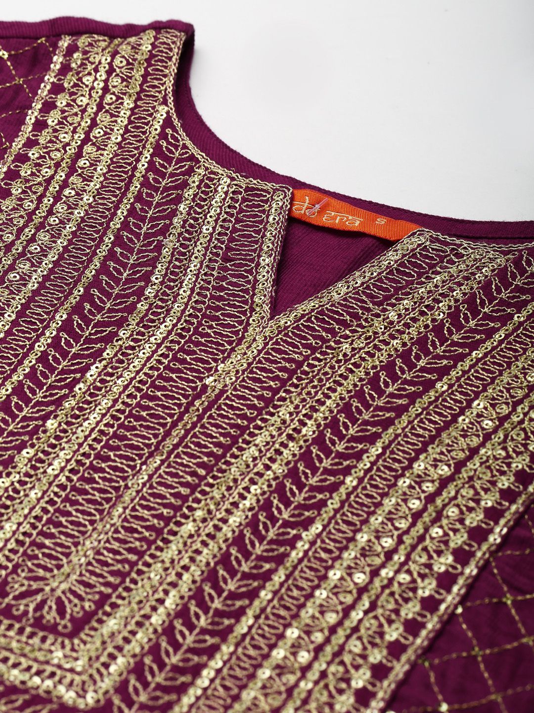 Dhiyona IE Women Burgundy Yoke Design Sequinned Liva Kurta with Trousers & With Dupatta