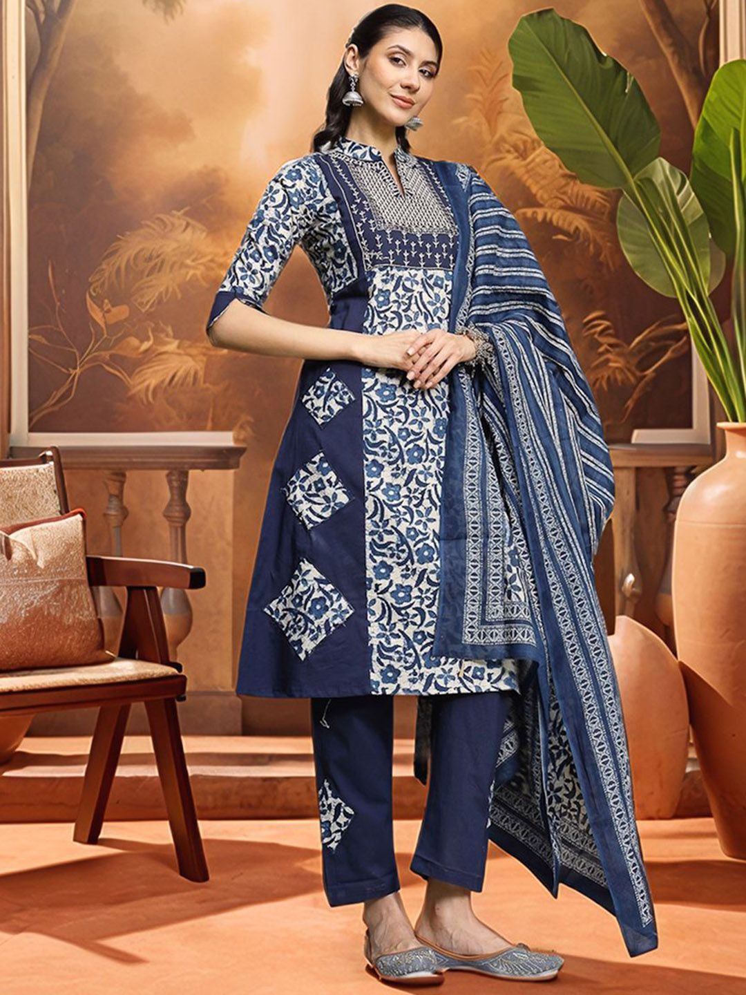 Indyancart SN Women's Embroidered A-Line Pure Cotton Kurta & Trousers With Dupatta
