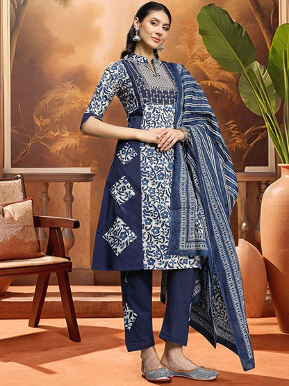 Indyancart SN Women's Embroidered A-Line Pure Cotton Kurta & Trousers With Dupatta