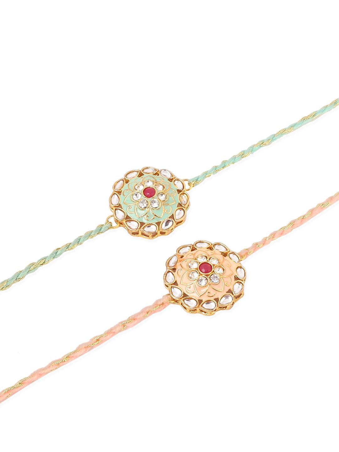 Anouk Men Set Of 2 Peach & Green Kundan Studded Round Floral Design Rakhi With Roli Chawal